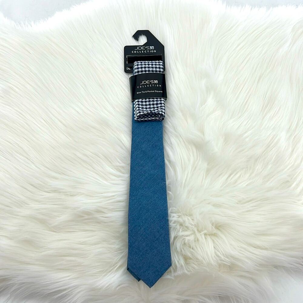 Joe's Collection Tie & Pocket Square Set - Blue/Gingham - New with tags